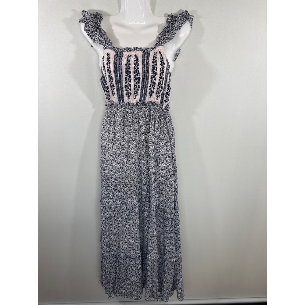 Jessica Simpson Navy Pink Floral Smocked Ruffle Maxi Dress Womens XS Boho Tiered